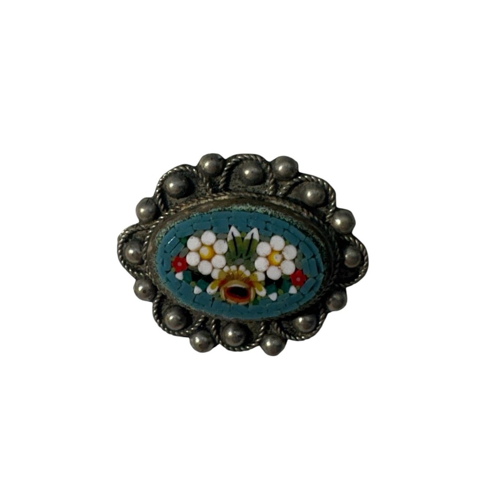 Vintage Alpaca Silver Multicolor Floral Bouquet Italian Micro Mosaic Brooch Pin